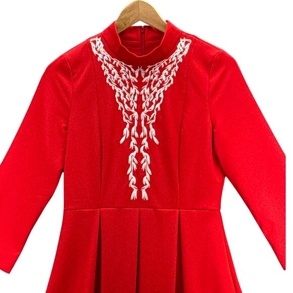 Dainty Jewells Red Mock Neck Long Sleeve Embroidered A Line Dress Women Small - Picture 3 of 7